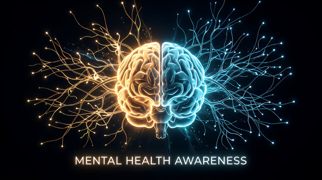 Brain illustration glows with golden and blue neural pathways connected to light nodes against a dark background to represent the complex nature of human mental health awareness and medical wellness.