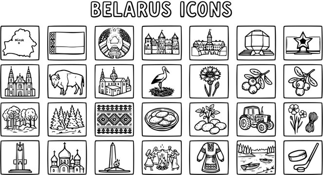 Belarus Icons Set: Black and White Line Art Collection of National Symbols, Culture, and Landmarks