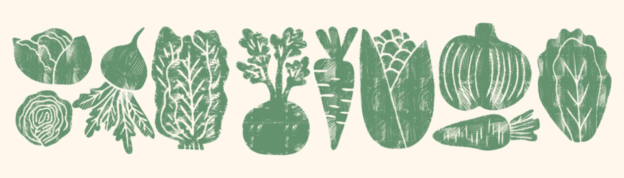 Green rustic vegetable bundle with organic vegetable icons like carrot, corn and lettuce in a hand-drawn linocut style, perfect for a fresh healthy food menu or farm market banner