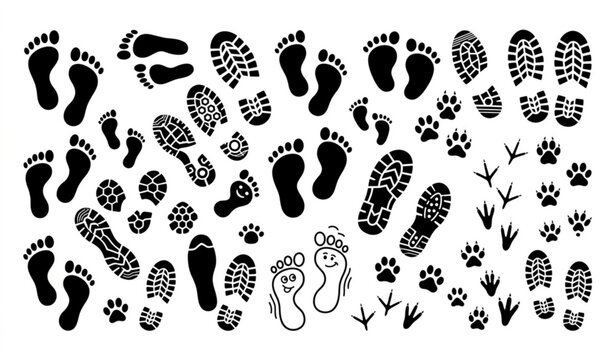 Human footprints shoe sole prints funny feet and animal paws vector icon set