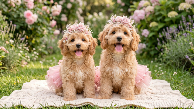 Two cute fluffy Cavoodle puppies wearing matching pink tutu dresses and flower crowns sitting together on a blanket in a beautiful blooming spring garden