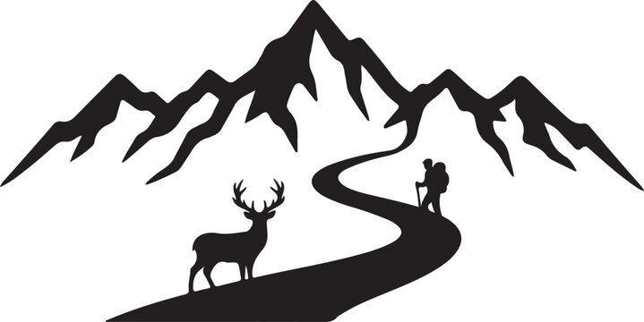 Hiking trail, mountain landscape, deer silhouette, adventure travel