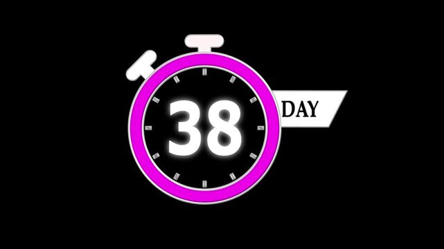 38 days countdown animation, digital timer design; modern stopwatch motion video for sales, events, launches, and marketing use.
