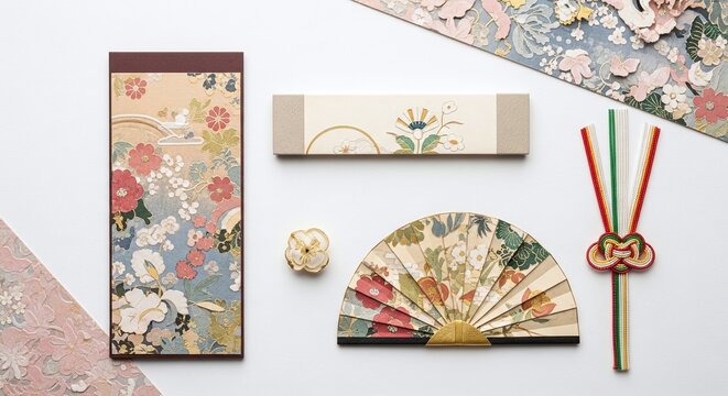 Traditional Japanese fans and floral patterned paper products on white background