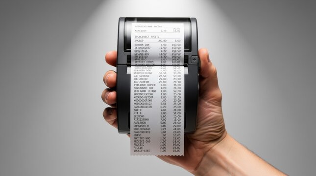 Hand Holding Portable Receipt Printer with Detailed Receipt
