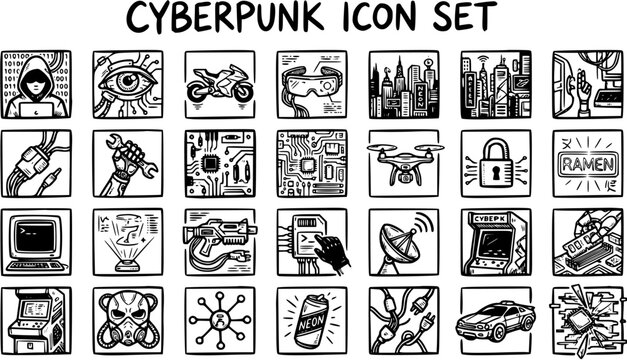 Cyberpunk Icon Set - Black and White Line Art of Futuristic Technology and Cityscape Elements