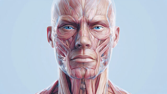 Detailed human facial muscle anatomy illustration showing skinless head structure for medical and educational use.