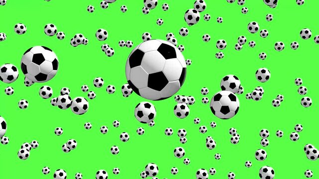 Bouncing soccer balls are shown on a bright green background in a fun display of movement