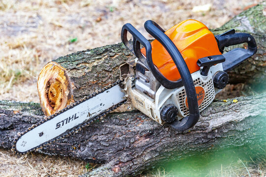 Ukraine Kiev July 22, 2024.Stihl chainsaw in Kiev. Stihl is a German manufacturer of chainsaws and other handheld power equipment