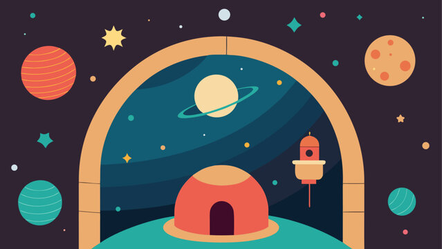 A colorful vector graphic illustration of a futuristic space station with planets and stars on a transparent background