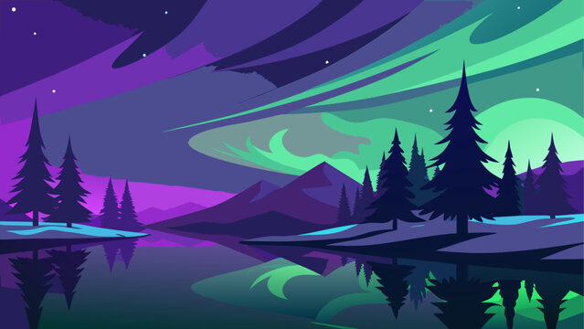 A vibrant vector graphic illustration of the aurora borealis over a serene mountain lake on transparent background