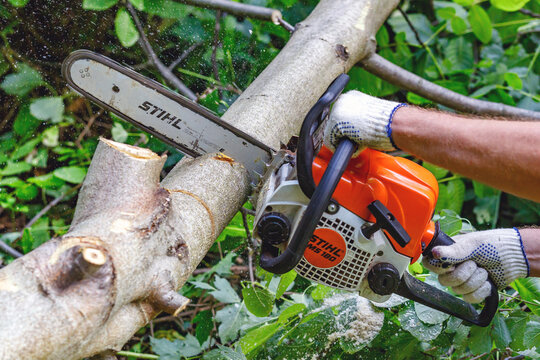 Ukraine Kiev July 24, 2024.Stihl chainsaw in Kiev. Stihl is a German manufacturer of chainsaws and other handheld power equipment
