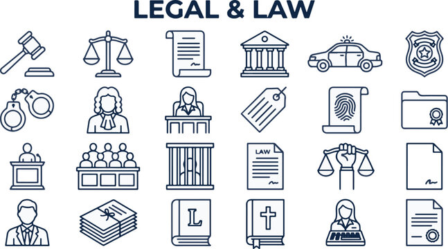 Legal and law icon set, professional justice and courtroom line icons, 24 vector symbols for attorney services and judicial system web design