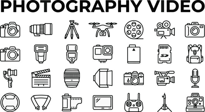 Photography and video equipment icons set, professional camera gear line art collection, 28 multimedia production vector elements for web design