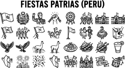 Peru National Holiday Fiesta Patria Peru Line Art Icons Collection © victoria