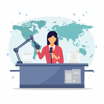 News Anchor Reporting Live with World Map Background