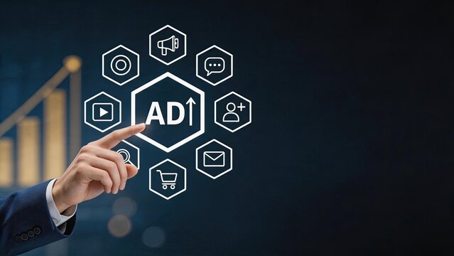Digital marketing strategy concept with advertising icons, social media engagement, SEO optimization, business growth chart, online promotion campaign, mobile app development,