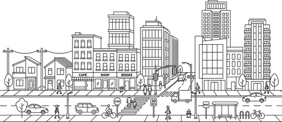 Fototapeta premium Modern Urban Street Line Art Illustration with City Buildings, Public Transportation, Pedestrians, and Downtown Architecture for Business and Real Estate Projects