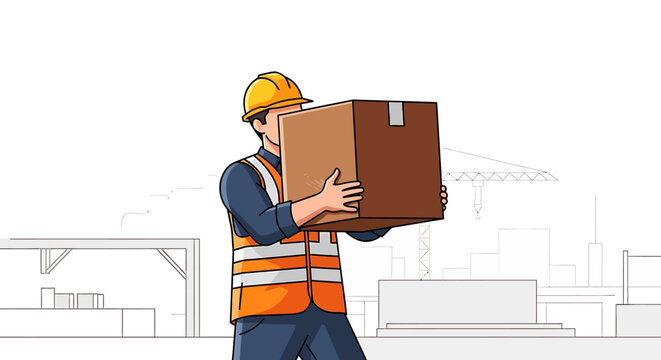 Man in hardhat holding cardboard box.