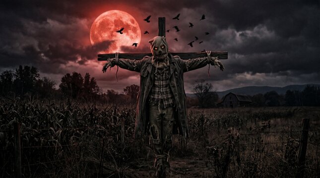 Spooky scarecrow silhouette with a red moon backdrop