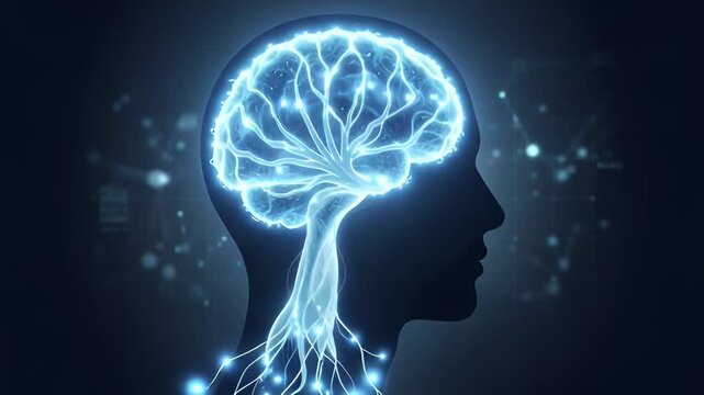 Brain illustration glows with interconnected neural networks representing advanced cognitive function and artificial intelligence development.