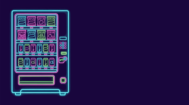 Neon Vending Machine with Snacks and Soda on Dark Background, Retro Cyberpunk Style