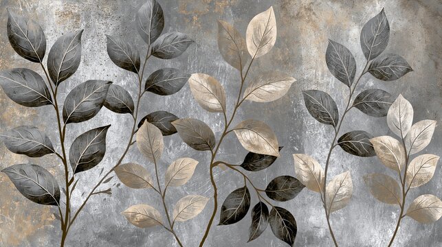 Leaf design on a rough, gray wall. This floral art is perfect for wallpaper, murals, or cards.