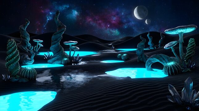 Bioluminescent mushroom forest on dark alien planet with twin moons.