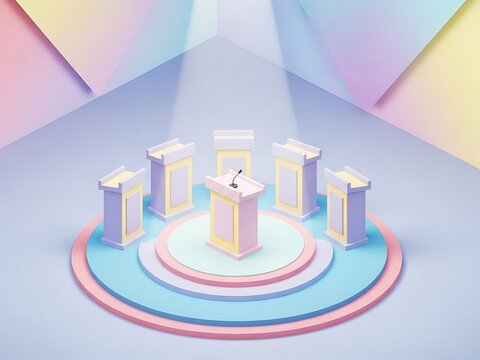 3D Isometric Illustration of Debate Stage with Multiple Lecterns and Microphone in Pastel Colors