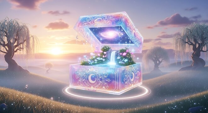 Glowing treasure chest opens on mystical landscape with trees