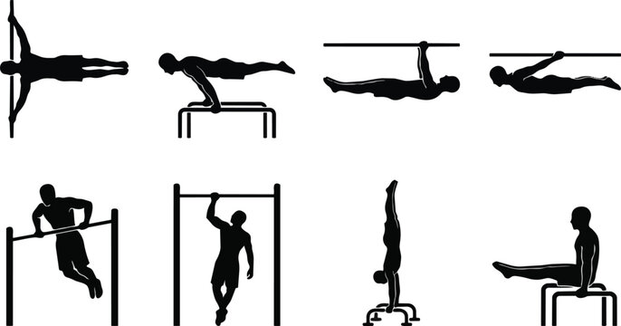 Set of calisthenics silhouettes showing various athletic street workout exercises performed by a muscular man using iron bars for bodyweight training strength and endurance isolated on transparent bac
