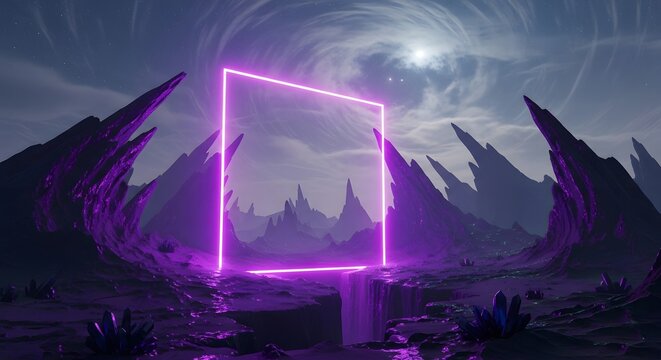 Neon purple square portal standing in sharp mountain landscape under vortex sky.