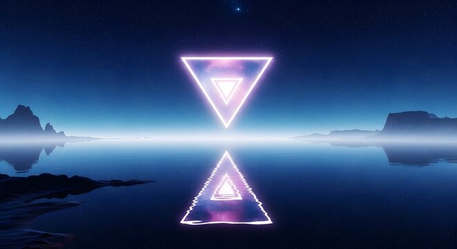 Neon glowing light triangle portal on starry night background with reflections on water.
