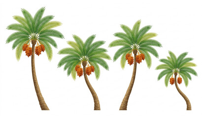 Obraz premium Detailed date palm trees with ripe fruit bunches tropical vector illustration set