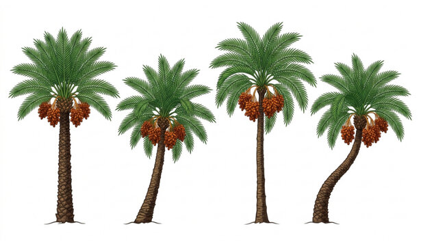 Detailed date palm trees with ripe fruit bunches tropical vector illustration set