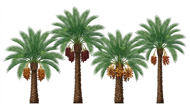 Detailed date palm trees with ripe fruit bunches tropical vector illustration set