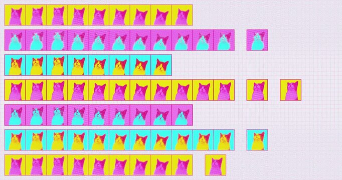 Pop art cat pattern animation on grid background, colorful seamless loop of retro glitch kitten silhouettes, vaporwave style motion graphic background
