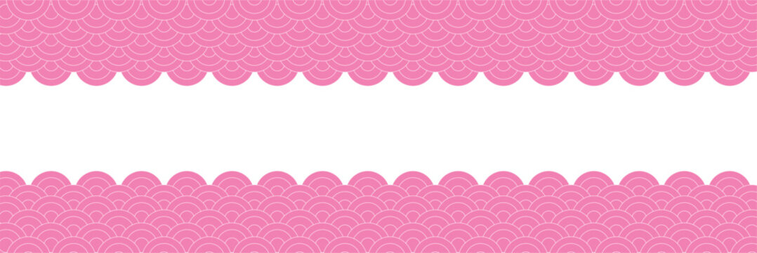  Top and bottom borders with traditional Japanese  pattern and space for text. black and white sea or ocean waves print. fish squama or dragon scale. vector graphic illustration.