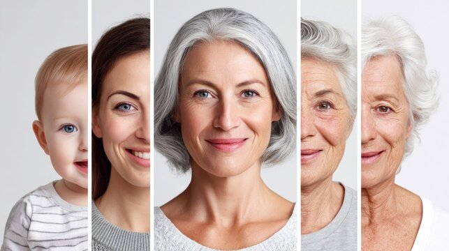 Collage of women's faces showing different stages of life and aging