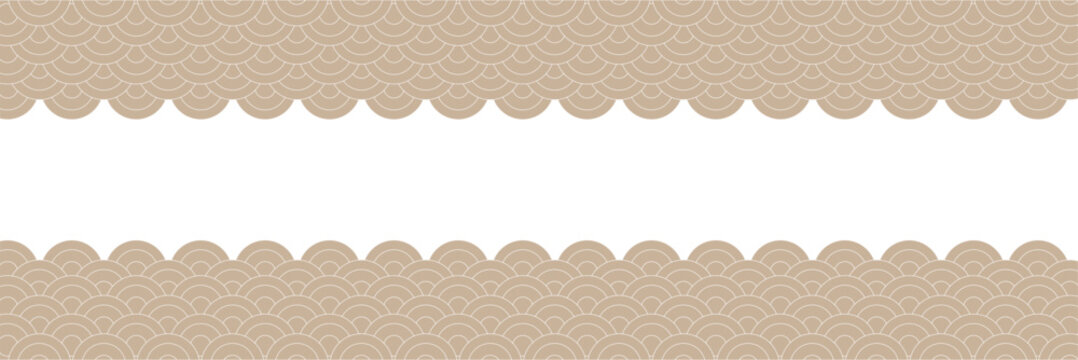  Top and bottom borders with traditional Japanese  pattern and space for text. black and white sea or ocean waves print. fish squama or dragon scale. vector graphic illustration.