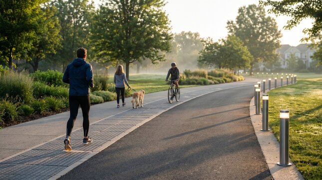Kinetic path tiles powering lighting in a public park