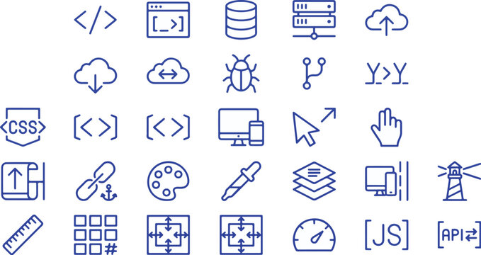 Web development, coding, and programming icons, blue vector set, 30 elements, developer symbols