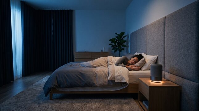 Sleep therapy bedroom with calming engineered soundscape