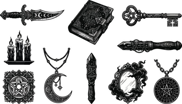 Detailed collection of magical occult items featuring an ancient spell book ornate dagger mystical key candles crystal wand pentacle pendant crescent moon necklace and gothic mirror presented as an il