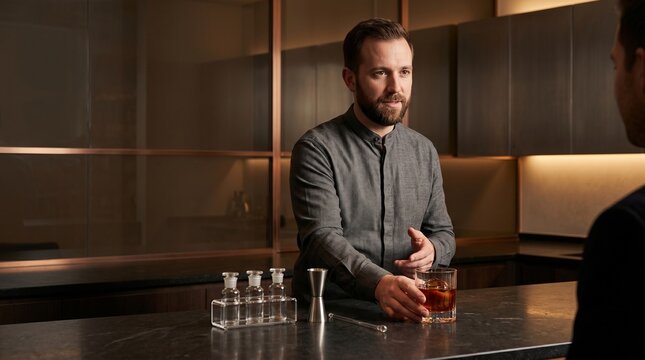 Luxury tasting room presentation of laboratory developed aged drink