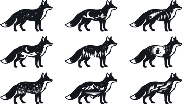 Set of artistic black and white fox illustrations featuring various nature landscapes and night sky elements captured within the animal silhouettes for creative graphic design projects presented on tr