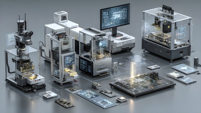 Laboratory equipment includes multiple high-tech workstations and microscopic testing stations arranged on a clean surface for the rigorous analysis of advanced computer hardware and microprocessors.