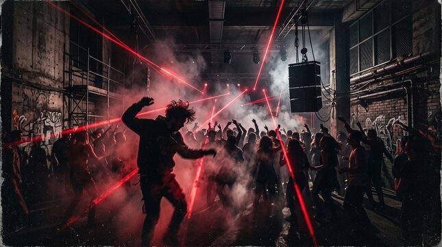 Nightclub Dancer on Elevated Stage Surrounded by Crowds Under Red Neon Lights and Fog