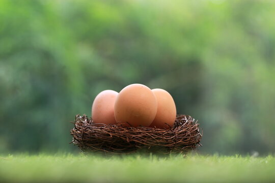 A high-angle, close-up shot shows a cluster of smooth, brown chicken eggs packed inside a cream-colored textile pouch. The bag is gathered at the edges, resting on a warm, dark wood surface. The light