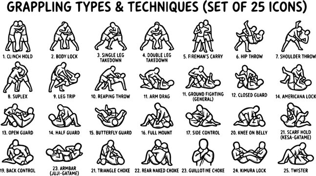 Grappling Types  Techniques Vector Icons Set. Black  White Line Art Glyphs for Martial Arts, Combat Sports, Self-Defense, and Fitness Training.